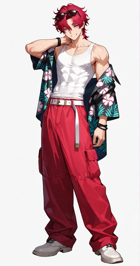 1 boy, very handsome, short hair, wavy Crimson red hair, middle part hair, under cut, middle part hair, defined pink eyes, cold eyes, sunglasses on hair, smiling, sexy body, muscular body, slim waist, white tank top, black, oversize Hawaiian shirt, off sho...