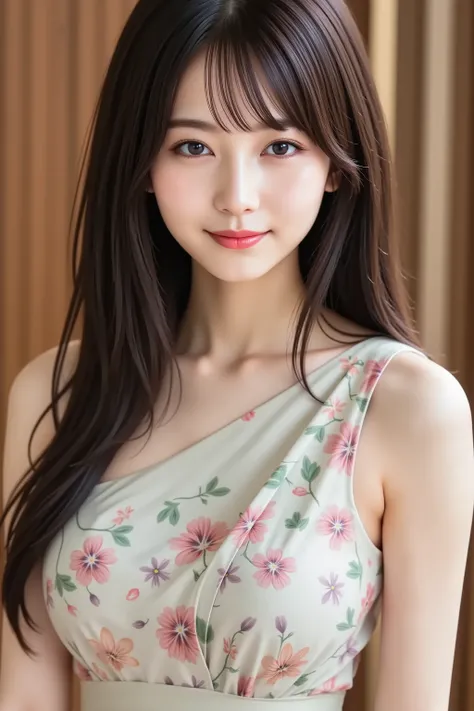 with the face positioned accurately in the center of the image, Upper chest, fine, clean skin、head is fully reflected with tight tension, face is clearly visible as a full body shot, one-shoulder colorful dress, night background、long black hair around my...