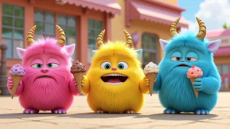 A vibrant and cozy Pixar-style 3D animation scene featuring three cute, round-bodied baby monsters with fluffy, silky fur in vivid hues of pink, yellow, and sky blue Each baby monster has small, sky-blue eyes, tiny hands and feet, and wears well-designed p...