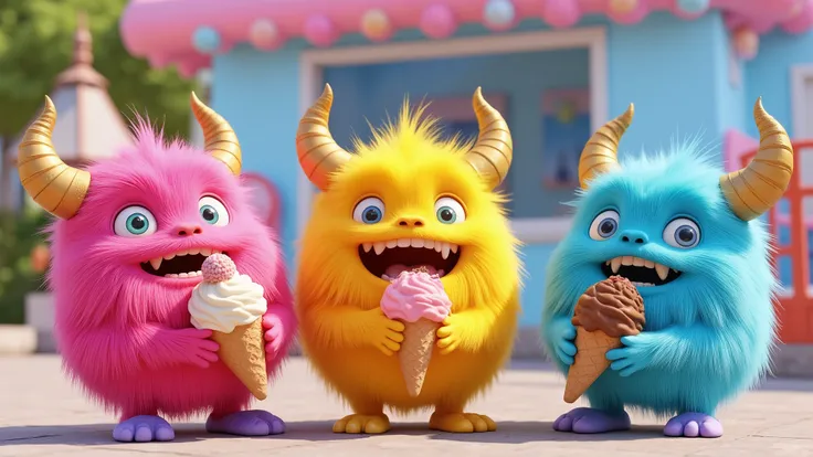 A vibrant and cozy Pixar-style 3D animation scene featuring three cute, round-bodied baby monsters with fluffy, silky fur in vivid hues of pink, yellow, and sky blue Each baby monster has small, sky-blue eyes, tiny hands and feet, and wears well-designed p...