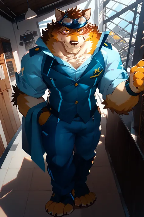 barrel,live a hero,furry,furry male,Muscular,boy ,Alone,dog boy ,yellow eyes,officer clothes,NSFW,sexy,gay,only,full body,Highest quality,masterpiece,