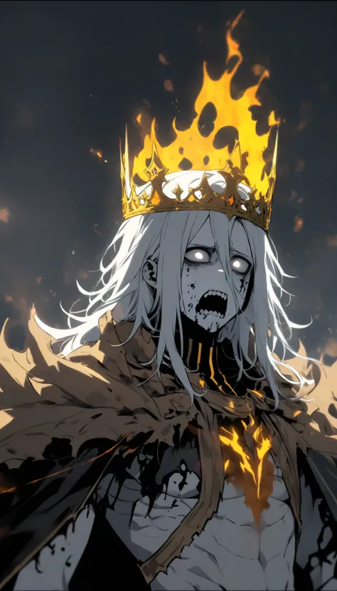 Undead, Hungry, hollow cheek, alone, male, long hair, white hair, white skin, bare chested , white odd eyes, royal cape, yellow black flame, upperbody, crown, upperbody
