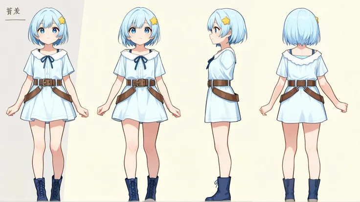 three view drawing, front and back and side, character sheet,full body,simple background,(A refreshing blue-haired girl, a water wizard, short hair, lively and energetic, very cute, one hair on top of the head, blue mini skirt, comfortable clothes, dark bl...
