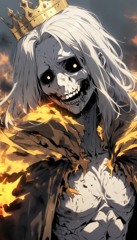 Undead, very old, Hungry, hollow cheek, alone, male, long hair, white hair, white skin, bare chested , Nose torn off ,  hollow eyes, Sick body, royal cape, yellow black flame, upperbody, crown, upperbody