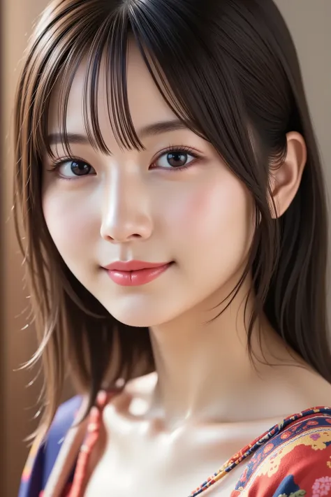 with the face positioned accurately in the center of the image, Upper chest, fine, clean skin、head is fully reflected with tight tension, face is clearly visible as a full body shot, one-shoulder colorful dress, night background、long black hair around my...