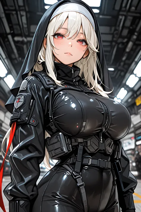 long hair、 bright red eyes 、age Girl、ribbon、tactical vest、( nun)、((tech wear jacket))、((extremely big breasts))、sexy、anime style、 Liminal Space、high image quality、high quality DVD、(marian)
