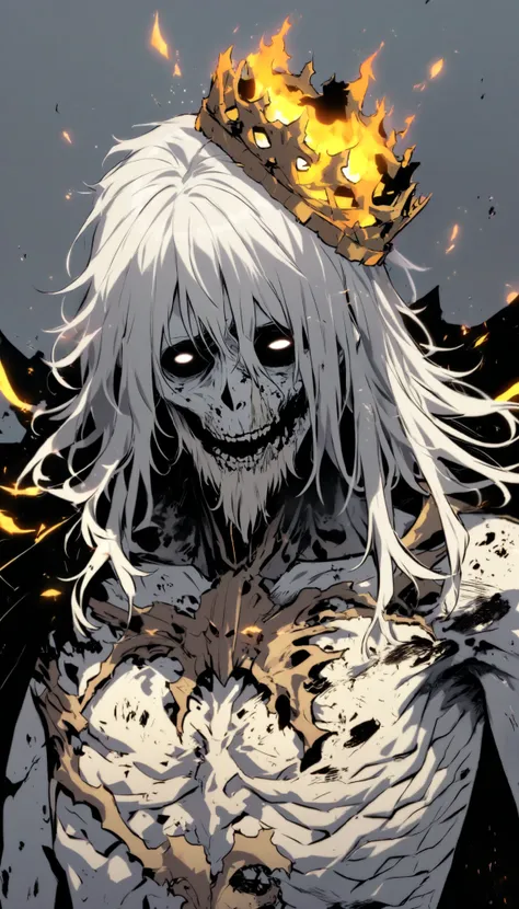 Undead, very old, Hungry, hollow cheek, ribcage, extremly skinny,  alone, male, long hair, white hair, white beard, white skin, bare chested , Nose torn off ,  hollow eyes, Sick body, royal cape, yellow black flame, upperbody, broken crown, upperbody, holl...