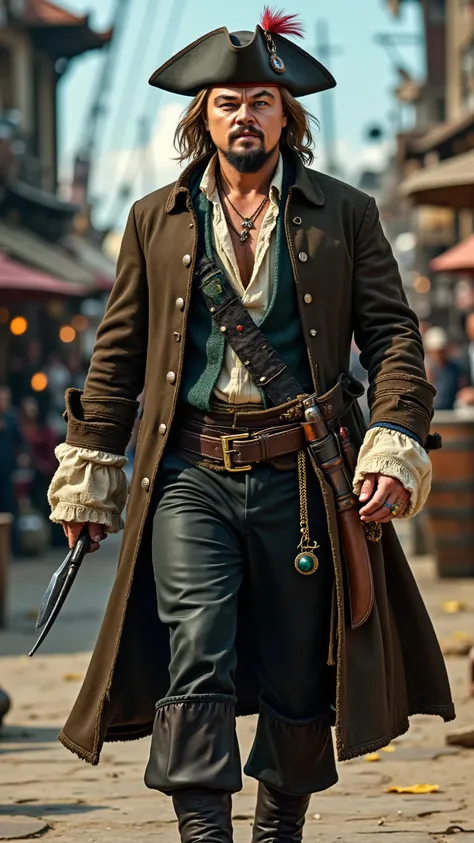 Leonardo DiCaprio reimagined as a pirate walking and holding two daggers、dramatic atmosphere, 1 male、
Shoulder-length, wavy blonde hair, a well-groomed beard, and piercing blue eyes. A wide-brimmed dark brown tricorn hat, adorned with gold embroidery and ...