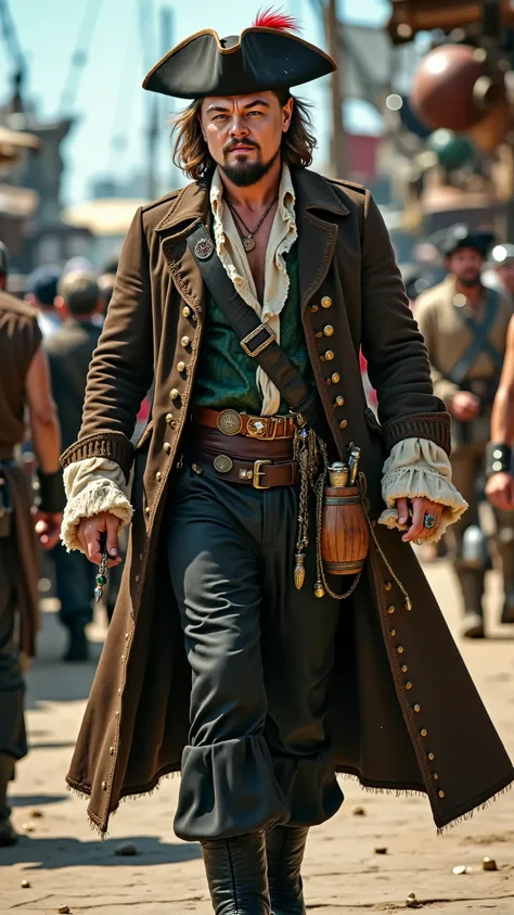 Leonardo DiCaprio reimagined as a pirate walking and holding two daggers、dramatic atmosphere, 1 male、
Shoulder-length, wavy blonde hair, a well-groomed beard, and piercing blue eyes. A wide-brimmed dark brown tricorn hat, adorned with gold embroidery and ...