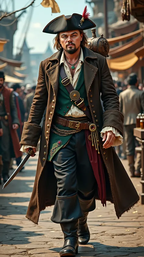 Leonardo DiCaprio reimagined as a pirate walking and holding two daggers、dramatic atmosphere, 1 male、
Shoulder-length, wavy blonde hair, a well-groomed beard, and piercing blue eyes. A wide-brimmed dark brown tricorn hat, adorned with gold embroidery and ...