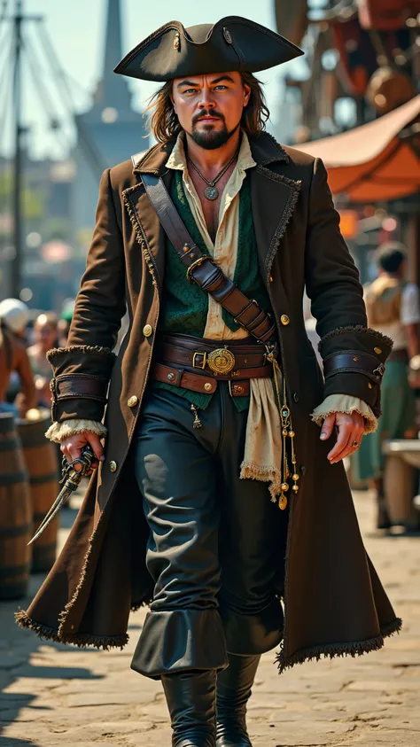 Leonardo DiCaprio reimagined as a pirate walking and holding two daggers、dramatic atmosphere, 1 male、
Shoulder-length, wavy blonde hair, a well-groomed beard, and piercing blue eyes. A wide-brimmed dark brown tricorn hat, adorned with gold embroidery and ...