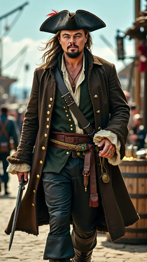Leonardo DiCaprio reimagined as a pirate walking and holding two daggers、dramatic atmosphere, 1 male、
Shoulder-length, wavy blonde hair, a well-groomed beard, and piercing blue eyes. A wide-brimmed dark brown tricorn hat, adorned with gold embroidery and ...