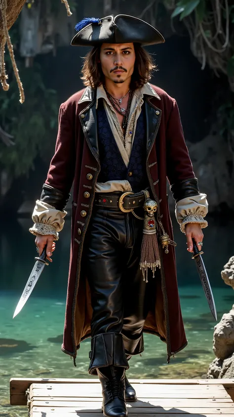Johnny Depp reimagined as a pirate walking and holding two daggers、dramatic atmosphere, 1 male、
Shoulder-length, tousled dark brown hair, a thin mustache, and piercing dark eyes. A wide-brimmed black tricorn hat, adorned with silver embroidery and a dark ...