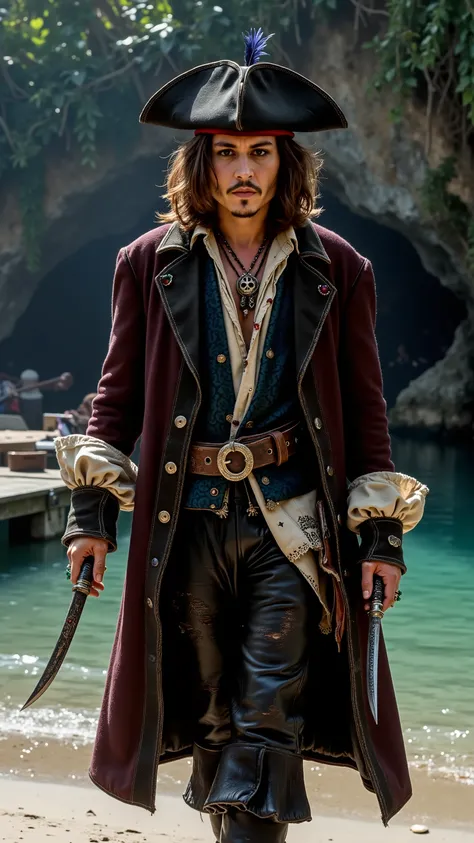 Johnny Depp reimagined as a pirate walking and holding two daggers、dramatic atmosphere, 1 male、
Shoulder-length, tousled dark brown hair, a thin mustache, and piercing dark eyes. A wide-brimmed black tricorn hat, adorned with silver embroidery and a dark ...