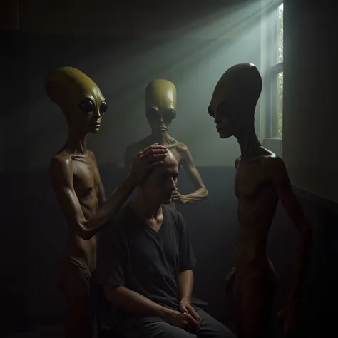 A dimly lit room with three tall, slender, elongated humanoid figures, presumably aliens, standing around a seated adult human individual. The aliens have large, dark eyes and an elongated head. The seated individual appears to be in a state of distress or...