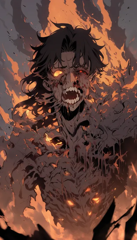 Eldritch abomination, hollow cheek, Malformed teeth, ribcage, blood, gore, male, long hair, black hair, Nose torn off , multiples eyes,  hollow eyes, Sick body, orange black flame, upperbody, broken bones striking out, Skin torn off, piles of s , upperbody...
