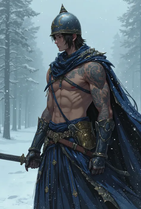 Sexy thin muscular knight with big crotch bulge in the cold snow storm, muscular knight in the cold snow. . Sexy knight male. Knght with a big dark sword. Hairless handsome man fighting in the snow. Knight with shiny tattoos in his arms and a roman's helme...