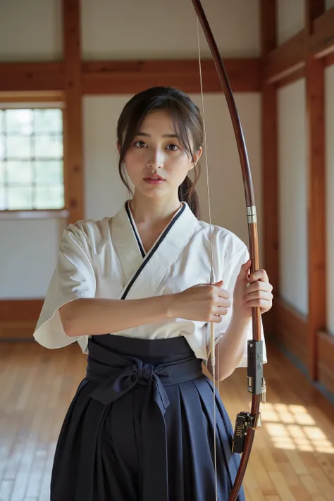 A high resolution photograph of a Japanese young woman in a traditional kyūdō uniform, standing in an authentic kyūdō dōjō (Japanese archery dojo).
She is wearing a white short-sleeved uwagi (upper garment) and a dark navy hakama (pleated trousers), with ...