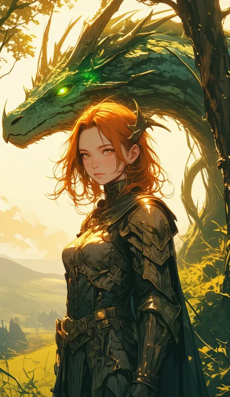A serene yet powerful fantasy scene featuring a red-haired female warrior in elegant yet practical armor, standing before a majestic dragon. The warrior's expression is calm and determined, her hair gently flowing in the wind. The dragon behind her is awe-...