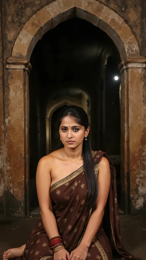 A melancholic yet beautiful portrait of a woman sitting under the archway of an old palace, her rain-drenched saree wrapped around her. A soft breeze carries the scent of wet earth as she watches the raindrops dance on the stone floor. Her bare shoulders g...