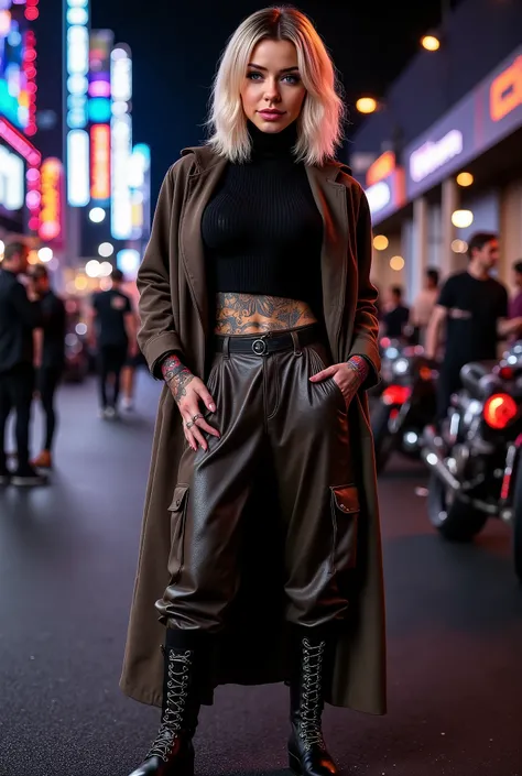 Create an image of a smiling blonde woman wearing a comfy turtleneck sweater paired with oversized baggy leather cargo pants, long coat, knee high boots with front laces, she is posing in the pitlane of an formula one race, one hand on her hips, night, neo...
