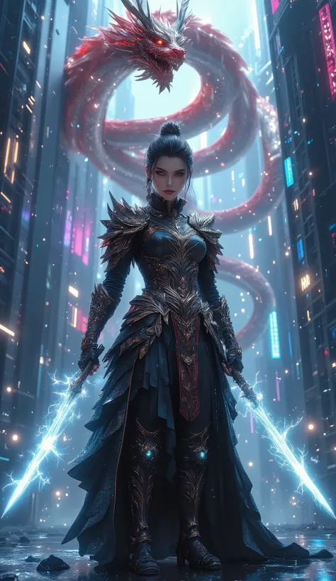 ((Masterpiece, ultra-detailed, 8K CG art)) – A mystical cyberpunk samurai, standing under a neon-lit rain, holding a glowing katana infused with blue lightning. Her sleek black and gold armor reflects the city’s holographic lights, while a massive red cybe...
