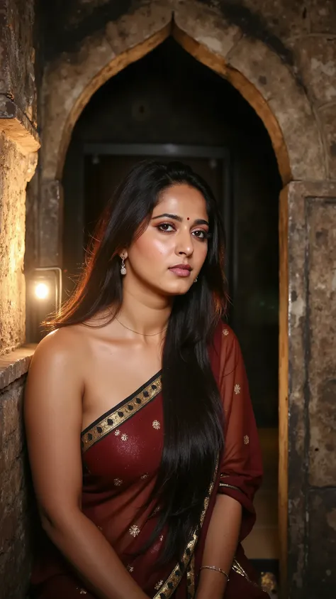 A melancholic yet beautiful portrait of a woman sitting under the archway of an old palace, her rain-drenched saree wrapped around her. A soft breeze carries the scent of wet earth as she watches the raindrops dance on the stone floor. Her bare shoulders g...
