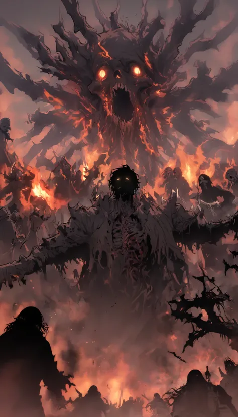 Eldritch abomination, hollow cheek, Malformed teeth, ribcage, blood, gore, male, black hair, barely human, disformed body, multiples arms and finger, multiples eyes,  hollow eyes, Sick body, orange black flame, upperbody, broken bones striking out, Skin to...