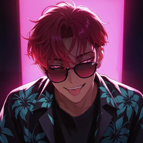 1 boy, very handsome, short hair, wavy red hair, under cut, glowing pink eyes, eyelashes, seductive eyes, sunglasses, Hawaiian shirt, black shirt, smiling, teeth, tongue out, neon pink lighting, shading, detailed, dark room, full face, head tilted down, fr...