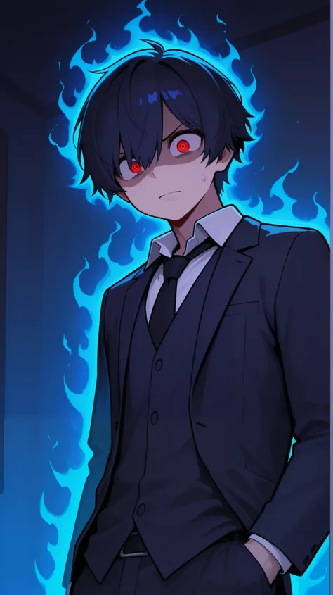 Create a character of a boy with a hidden superpower, whereby in a moment of anger, the boy's right eye turns red, in addition to a blue aura around his body.