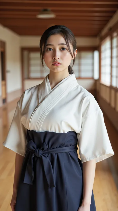 A high resolution photograph of a Japanese young woman in a traditional kyudo uniform, standing in an authentic kyudo dojo.
She is wearing a white short-sleeve uwagi and a dark navy hakama.
The background features traditional wooden architecture and a ser...