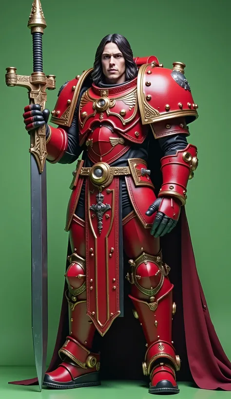 Warhammer 40k Adeptus Primarch, Armor - Full plate heavy armor in red color with gold and silver finishings, very detailed with silver engravings in latin. Young Male with shirt black hair, two metal bolts in his forhead. Weapon - Sawblade, large as the ch...