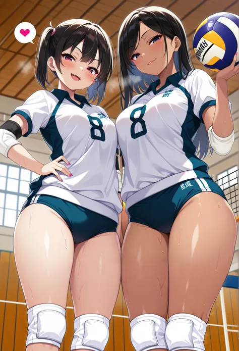 masterpiece, best quality, amazing quality, 2girls, gyaru, (holding ball:1.4),(seductive pose:1.4), (sexy pose:1.4), thick thighs, Collared volleyball uniforms, (buruma:1.4), volleyball knee pads, elbow sleeve, (old Full spherical 8.5" volleyball ball:1.4)...