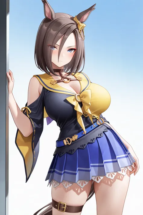 NSFW,masterpiece,Highest quality,high resolution,very detailed,Air Groove (umamusume),black shirt、 yellow sailor collar、Short sleeve、wide sleeve、belt、blue skirt、pleated skirt、thigh strap、choker、exposed shoulders、Chest Valley
