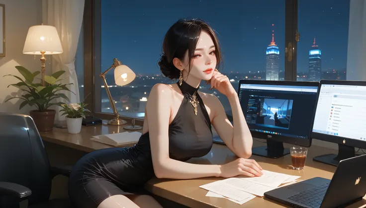 "A beautiful face and nice body, a woman sitting in a high-rise office at night, working on her laptop." She is wearing a sleek black dress, illuminated by the glow of her screen and city lights outside the window. A cup of espresso and a stack of papers s...