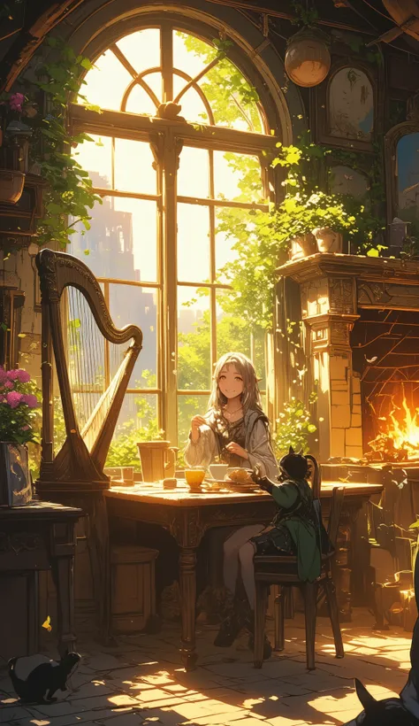 Cozy sunlit medieval tavern, warm golden light from morning sun, smiling elf drinking herbal tea by the fireplace, blooming flowers on wooden tables, playful cat chasing butterflies near open window, soft Celtic harp music notes floating in the air, vibran...