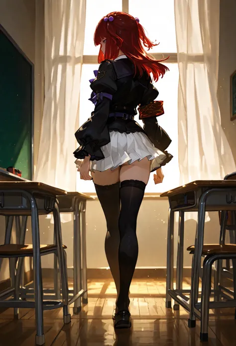 perfect quality, best quality, absolutely eye-catching, cinematic, (masterpiece), (ultra-detailed), Soft lighting,  illustration, perfect composition, 1girl, solo,, full body, black jacket, white skirt, purple bowtie, armband, ushiromiya ange, red hair, ha...