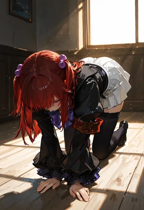 perfect quality, best quality, absolutely eye-catching, cinematic, (masterpiece), (ultra-detailed), Soft lighting, very aesthetic, illustration, perfect composition, 1girl, solo,, full body, black jacket, white skirt, purple bowtie, armband, ushiromiya ang...
