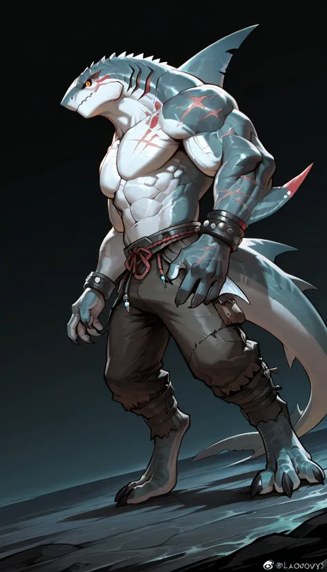 sharkman, anthro megalodon, darker hands and fins, solo, big arms, bara, detailed skin, lizard shark hybrid, anthro, closed mouth, polynesian tattoos, tattoos covering arm and shoulder, detailed scalie skin, scalie arms, fins on arms, gray color body, beef...