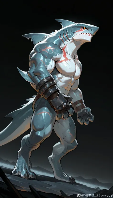 sharkman, anthro megalodon, darker hands and fins, solo, big arms, bara, detailed skin, lizard shark hybrid, anthro, closed mouth, polynesian tattoos, tattoos covering arm and shoulder, detailed scalie skin, scalie arms, fins on arms, gray color body, beef...