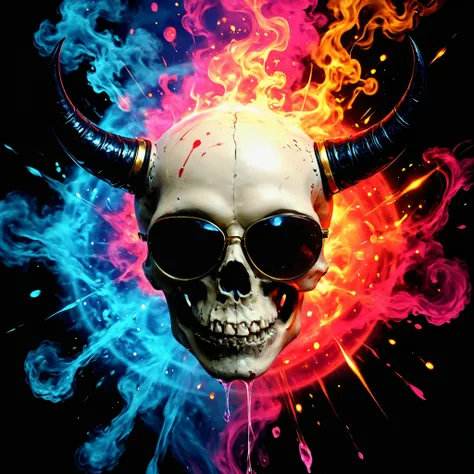 ((HALF PERSON)), A striking portrait, rendered in the style of Epic Splatter Art and Alcohol Ink, depicting a model with an otherworldly aesthetic. skull with horns.  The model, appearing to be a young adult of mixed ethnicity with dark, expressive eyes, w...