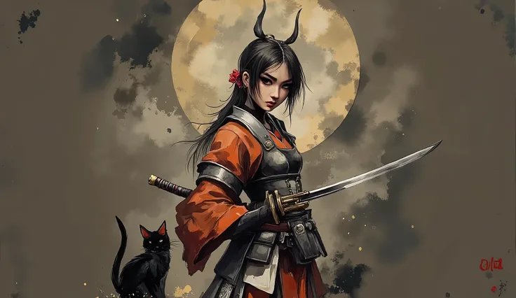 ((masterpiece:1.2)), (( top quality:1.2)), cyberpunk samurai girl , , ( wears samurai armor  :1.2), ((  long dark hair)), ((full body:1.6)), ((Equipped with a Japanese sword:1.5)), (dramatic pose:1.2), ([low angle:1.2), (underneath:1.2), ( Black cat sittin...