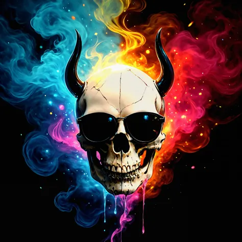((HALF PERSON)), A striking portrait, rendered in the style of Epic Splatter Art and Alcohol Ink, depicting a model with an otherworldly aesthetic. skull with horns.  The model, appearing to be a young adult of mixed ethnicity with dark, expressive eyes, w...