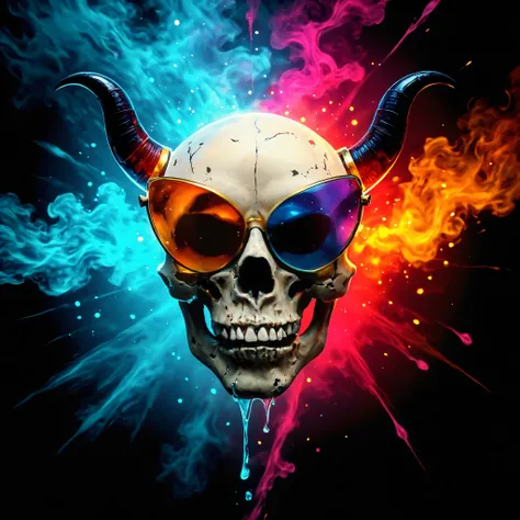 ((HALF PERSON)), A striking portrait, rendered in the style of Epic Splatter Art and Alcohol Ink, depicting a model with an otherworldly aesthetic. skull with horns.  The model, appearing to be a young adult of mixed ethnicity with dark, expressive eyes, w...