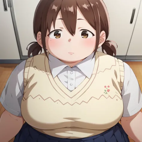 honoka hara, short hair, brown hair, hair between eyes, twintails, brown eyes, low twintails, short twintails, plump,
skirt, shirt, school uniform, white shirt, short sleeves, pleated skirt, collared shirt, blue skirt, sweater vest, fat, chubby, obese