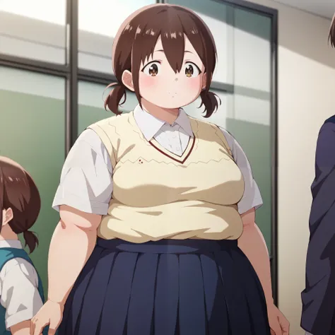 honoka hara, short hair, brown hair, hair between eyes, twintails, brown eyes, low twintails, short twintails, plump,
skirt, shirt, school uniform, white shirt, short sleeves, pleated skirt, collared shirt, blue skirt, sweater vest, fat, chubby, obese