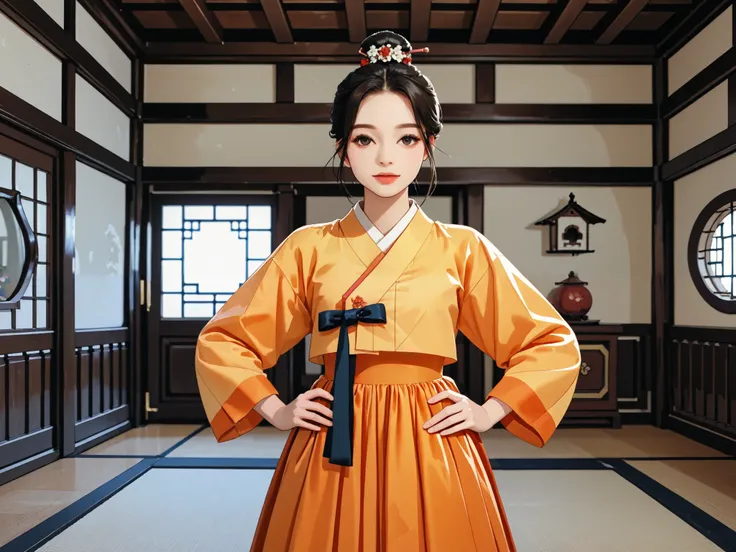 It's a background from the Joseon Dynasty and, The background is in a room of a tiled house from the Joseon Dynasty. I'm wearing an orange hanbok, She is posing in a sexy pose.