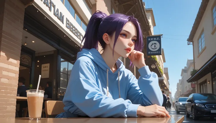 "A girl with a nice body and nice breasts sits in an industrial-style café with exposed brick walls and metal accents. Her purple hair is tied into a high ponytail, and she’s dressed in a cropped hoodie and joggers. A large glass window reveals a vibrant c...