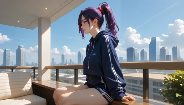 "A girl with a nice body and nice breasts sits elegantly on a high-rise balcony café with a breathtaking view of the city skyline. Her purple hair is styled into a sleek high ponytail, and she wears a designer cropped hoodie and form-fitting joggers. The c...