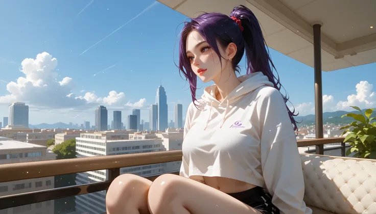 "A girl with a nice body and nice breasts sits elegantly on a high-rise balcony café with a breathtaking view of the city skyline. Her purple hair is styled into a sleek high ponytail, and she wears a designer cropped hoodie and form-fitting joggers. The c...